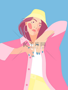 多色的矢量插图与一个年轻女孩的形象，粉色的头发在一顶黄色的帽子。一张时髦的明信片.
