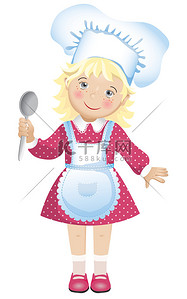理发围裙背景图片_可爱的金发女孩，在一个厨师的帽子和一条围裙矢量图.