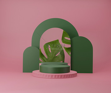 3D展示平台与怪兽棕榈叶。绿色的基座和粉色的时髦背景。镜像反射热带艺术装饰抽象.为品牌横幅及产品推广提供3D图解. 