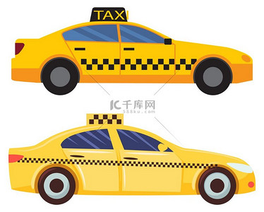 城市矢量交通一组孤立的黄色出租车上面有标志和方形图案汽车服务运输平面风格设计中用于城镇插图中的通信和连接的车辆城市交通出租车服务