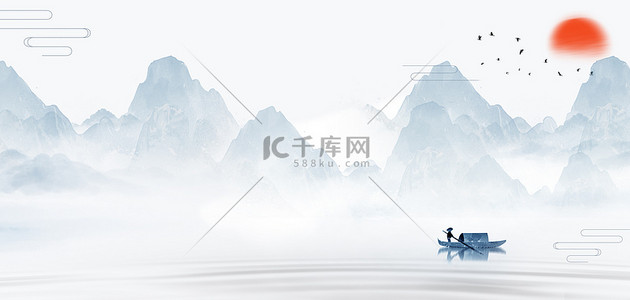 中国风山水渔船水墨古风山水画海报背景