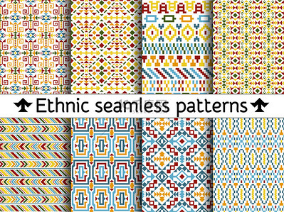 like背景图片_Set of tribal seamless patterns. American Indian or asian motifs. Colorful vector illustration. Good for frames, borders and like a background. Abstract geometric collection. Stripes in ethnic style