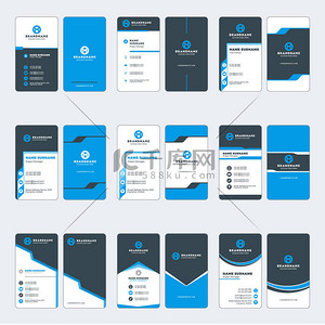 名片商务蓝色背景图片_现代名片打印模板的集合。垂直的商业名片。蓝色和黑色的颜色。带有公司标志的个人名片。矢量图。文具设计