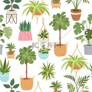 卡通盆栽植物背景图片_国内绿色盆栽植物病媒无缝模式.家用植物的卡通图解,白色用于纺织品,包装装饰.