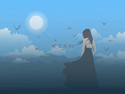 蓝天背景图片_黑裙女人站在山上，望着满月蓝天的山.