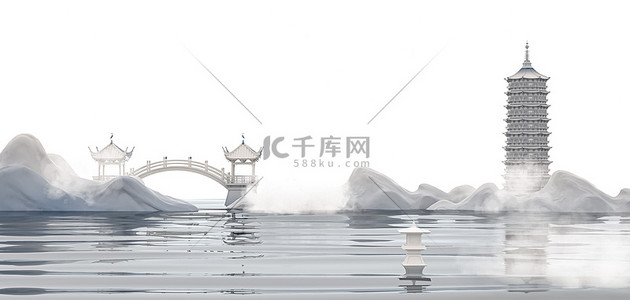 中式背景c4d背景图片_立体抽象中国风山水白色C4D水墨背景