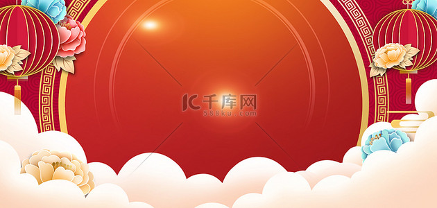 红色花朵背景背景图片_春节新年祥云红色国风背景
