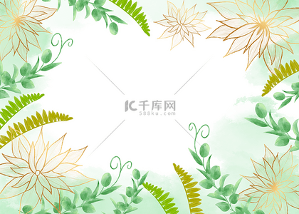 卡通热带森林背景图片_卡通水彩树叶金色线稿植物背景