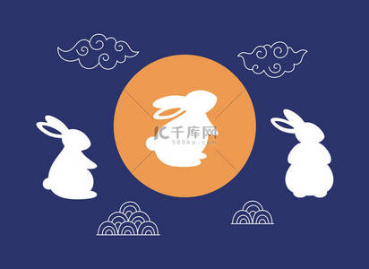 Happy Chinese New year greeting card 2023 with cute white rabbits. Year of the Rabbit. Mid autumn festival. Vector illustration