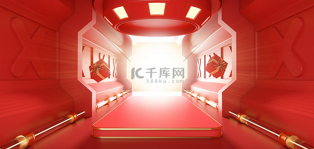 红色c4d背景图片_618大促空间电商展台红色c4d