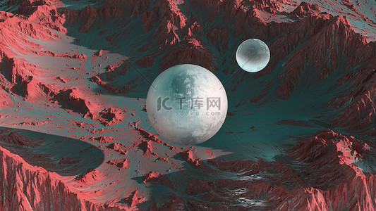 悬浮宇宙背景图片_3d. 在一个外星人星球上渲染风景秀丽的山脉景观。火星上有沙漠红色土壤的科幻山脉。抽象悬浮 monolit 球