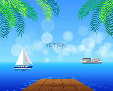 壮观的海景，白色邮轮和蓝色帆船在平静的水面上，棕榈叶和部分木码头矢量插图。海景与白色邮轮和蓝色帆船