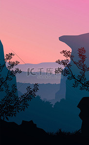 天然的森林山脉，地平线，山丘，树木的轮廓。黄昏，日出和日落。风景墙纸。说明向量样式。色彩斑斓的背景.