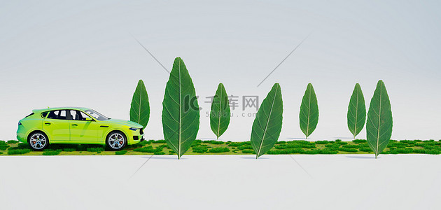 绿色草地环保背景图片_新能源汽车草地叶子绿色C4D环保