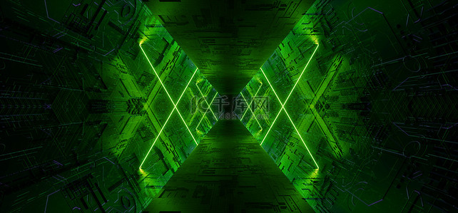 电脑隧道图式激光霓虹灯科幻未来构造性墙体花园式看台空余活动闪烁着绿色振动线穿越黑暗之夜3D渲染图解