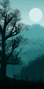 秋季风景插画背景图片_剪影蓝色树木壁纸背景