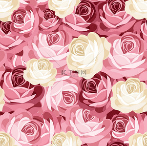 矢量玫瑰背景图片_与粉红和白色玫瑰的无缝模式。矢量插画.
