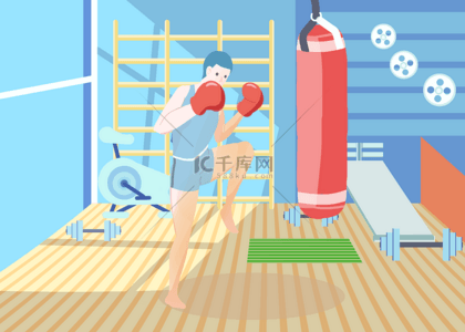 室内运动插画背景图片_健身房拳击运动男性锻炼背景