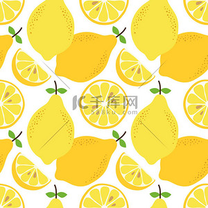 水果底纹白色背景图片_可爱的手绘与柠檬柑橘水果和切片白色背景的无缝模式