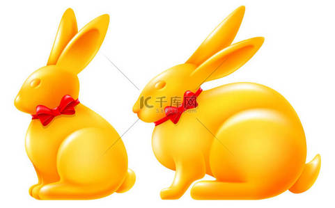 一组坐着的兔子。可爱的兔子，中国农历2023年的黄道带象征，被描绘成现实的金色雕像，装饰着红色的弓。被白色背景隔离。矢量说明