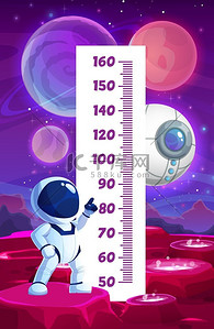 儿童身高图与卡通宇航员在太空行星表面上，矢量增长测量尺。