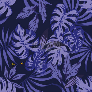 蓝色夜背景背景图片_晚上热带叶模式与眼睛豹