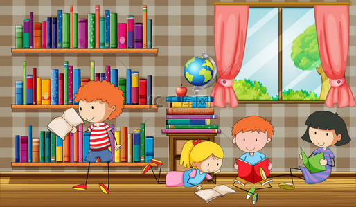 学校教育图片背景图片_在图书馆看书的孩子