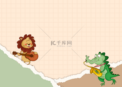 卡通国潮框背景图片_狮子鳄鱼卡通乐器水彩动物撕纸背景