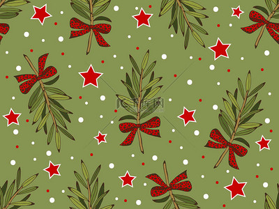 手绘素描背景图片_用彩色圣诞树和红色蝴蝶结的素描手绘图案的矢量图解.古叶，新年礼物，礼物，节日背景，复古墙纸.