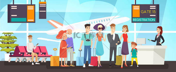 飞行登记线上的人平面矢量图解. 排队的旅客们都很快乐。 机场工作人员检查机票和登机证。 家庭和老年夫妇在收银台等着.