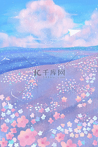 紫色唯美海报背景图片_夏天花海 紫色 卡通唯美风景海报