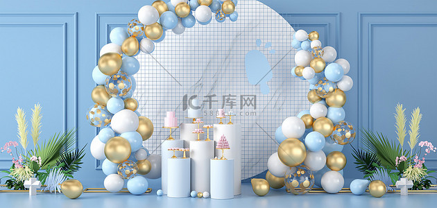 C4D立体美陈背景图片_生日派对气球蛋糕蓝色c4d