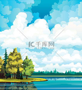 Autumn landscape with trees, lake, forest and clouds