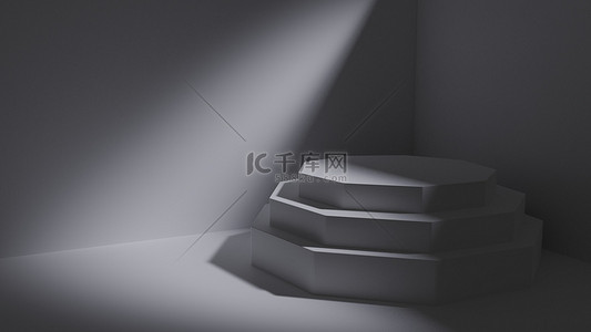 渲染一个三阶段的基座在一个时髦的灯光昏暗的房间 