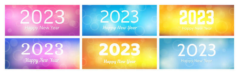 new背景图片_Happy new year 2023 incription on blurred background. Set of six new year background. White numbers on backdrop with confetti, bokeh and lens flare. Vector illustration