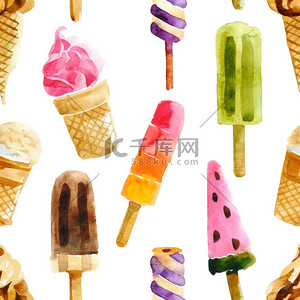 欧式甜点背景图片_无缝的水彩冰激淋