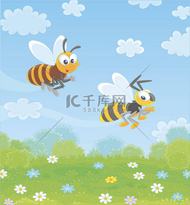 有趣矢量背景图片_有趣的条纹蜜蜂和黄蜂飞过一个绿色的田野与野花在一个漂亮的夏天，矢量插图在卡通风格
