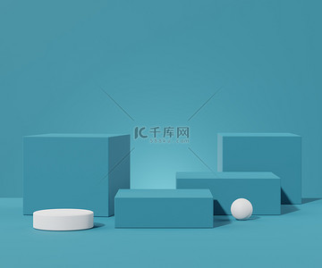 三维渲染蓝色白色的空盒子Podium 。用干净设计的空白底座和店面。产品展示的最小场景。化妆品广告的背景摘要.