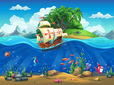 卡通海底世界与鱼、 植物、 岛和轻快