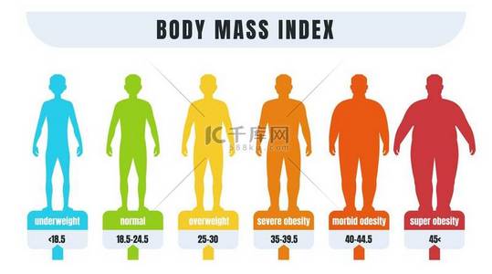 男人BMI 。正常体重和肥胖男性的身体质量指数信息图。又肥又瘦的轮廓。用于医疗诊断的图表。病媒体重不足或肥胖诊断