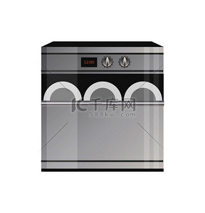 闪亮的金属现代洗碗机带定时器洗碗的电器厨房供应清洁厨具隔离矢量图闪亮金属现代洗碗机带定时器面板