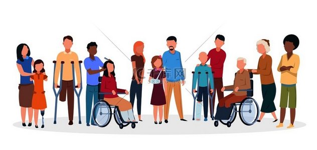 残疾人残疾人幸福友好的家庭让受伤人员与助手一起致残矢量字符残疾人残疾人幸福友好的家庭让受伤人员与助手一起致残