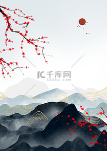 中国传统插画背景图片_红色梅花天空红日水墨山峰背景