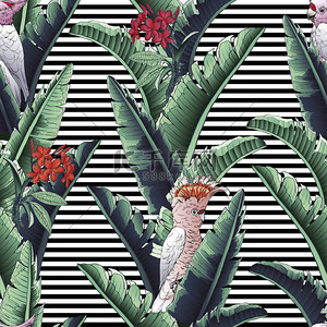热带鹦鹉背景图片_无缝的热带图案与条纹。留下棕榈树例证。现代图形。梅花, 鹦鹉