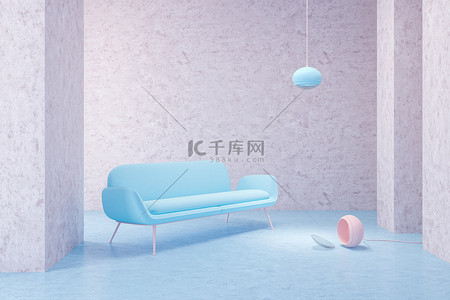 柔和的蓝色沙发站在一个空的粉红色的房间与时尚的天花板灯。一盏灯躺在地板上。艺术氛围。3d 渲染模拟