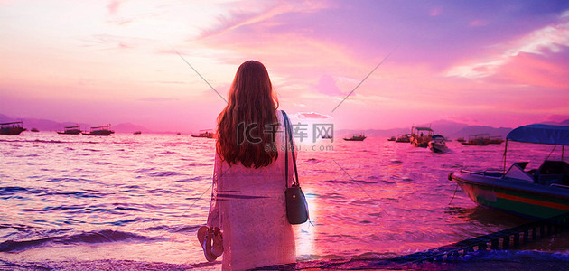 摄影背景图背景图片_女神节海边女生粉色摄影背景