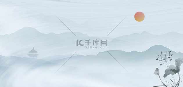 中国风荷花山水水墨古风夏季荷花海报背景