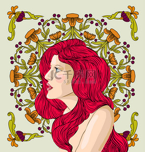 头发发型背景图片_一个美丽的女人花背景上红头发的画像