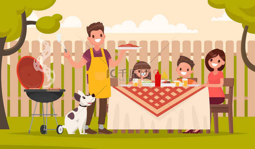 在户外背景图片_幸福的家庭，在一次野餐准备在户外烧烤.