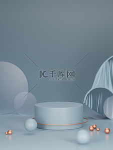 渲染c4d背景图片_3D讲台，底座为浅蓝色背景。产品促销的管座.抽象平台。带有黄金几何元素的横幅。带有复制空间的最低限度模拟平台3d渲染.